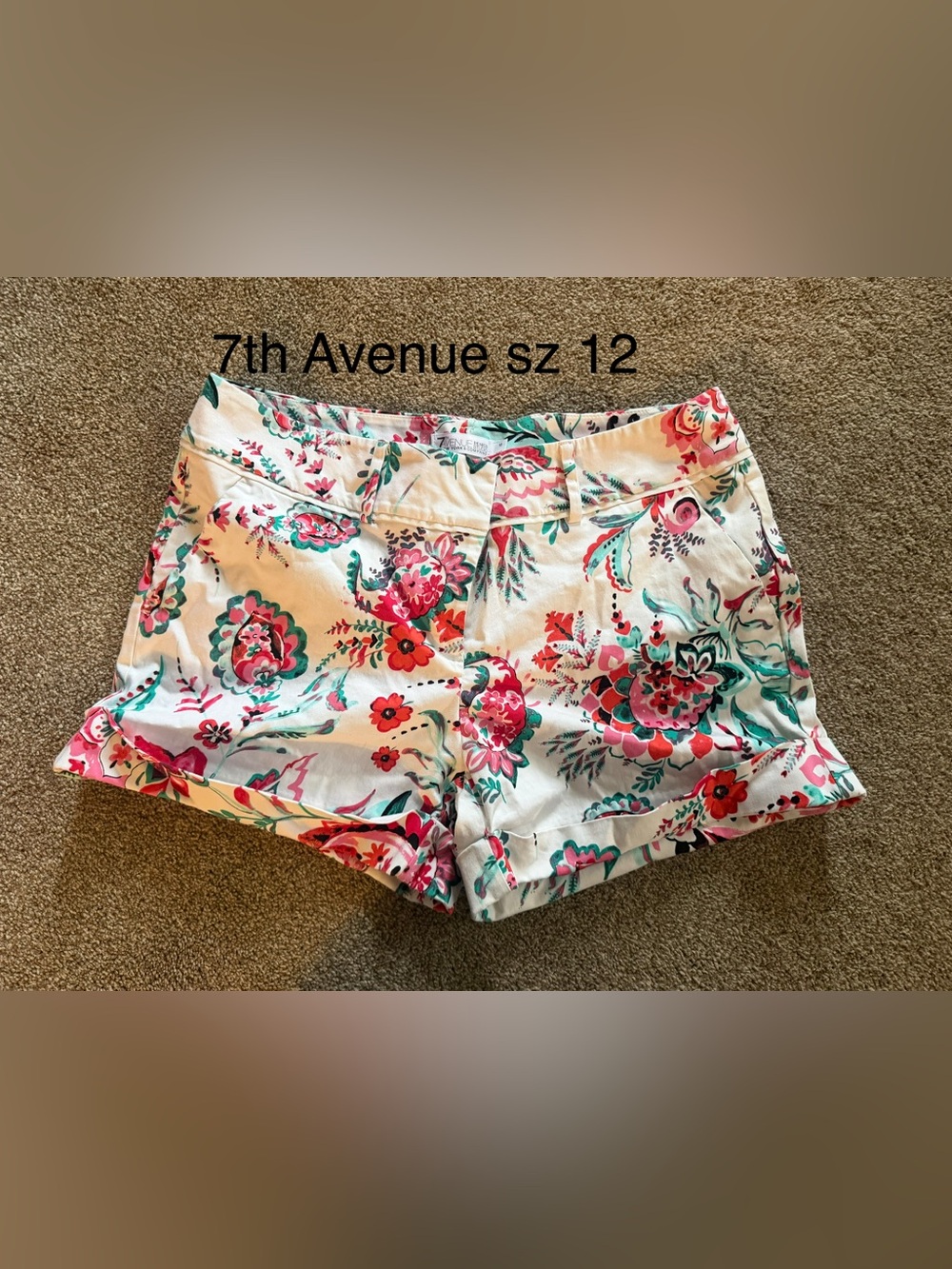 7th Avenue Women's Floral Cotton Shorts - White with Pink & Teal Accents Sz 12